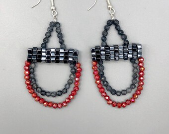 Handmade Lolite & Red Beaded Chandelier Earrings - Gunmetal