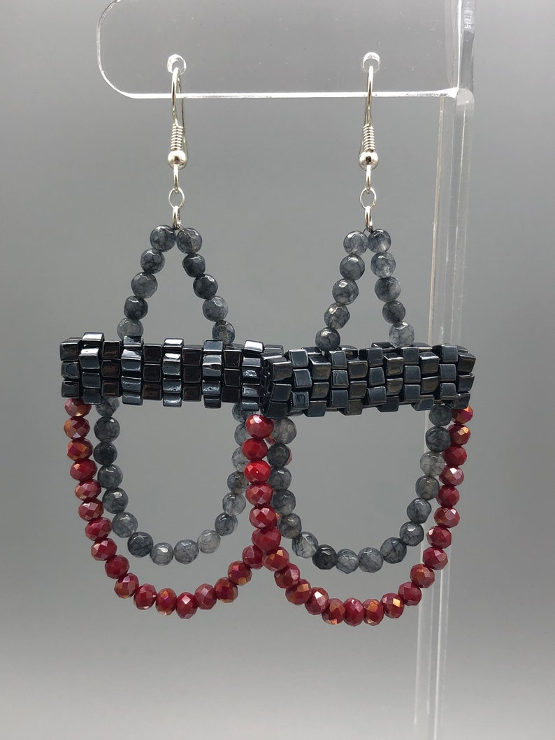 Chandelier Earrings Handmade Beaded Gray Lolite and Red Drop Earrings Gunmetal earrings.