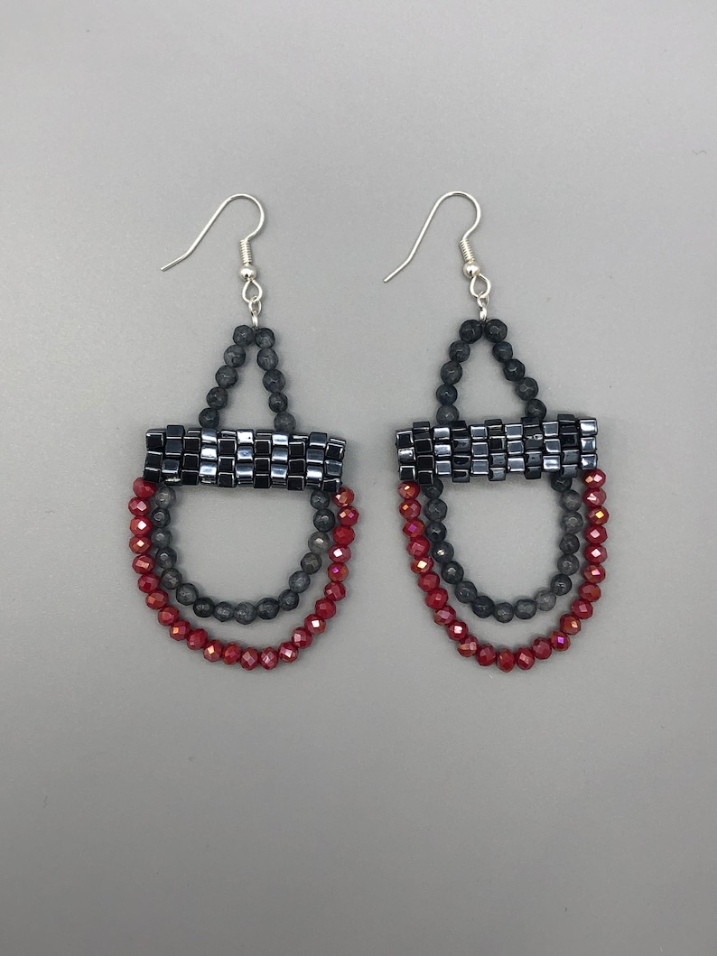 Chandelier Earrings Handmade Beaded Gray Lolite and Red Drop Earrings Gunmetal earrings.