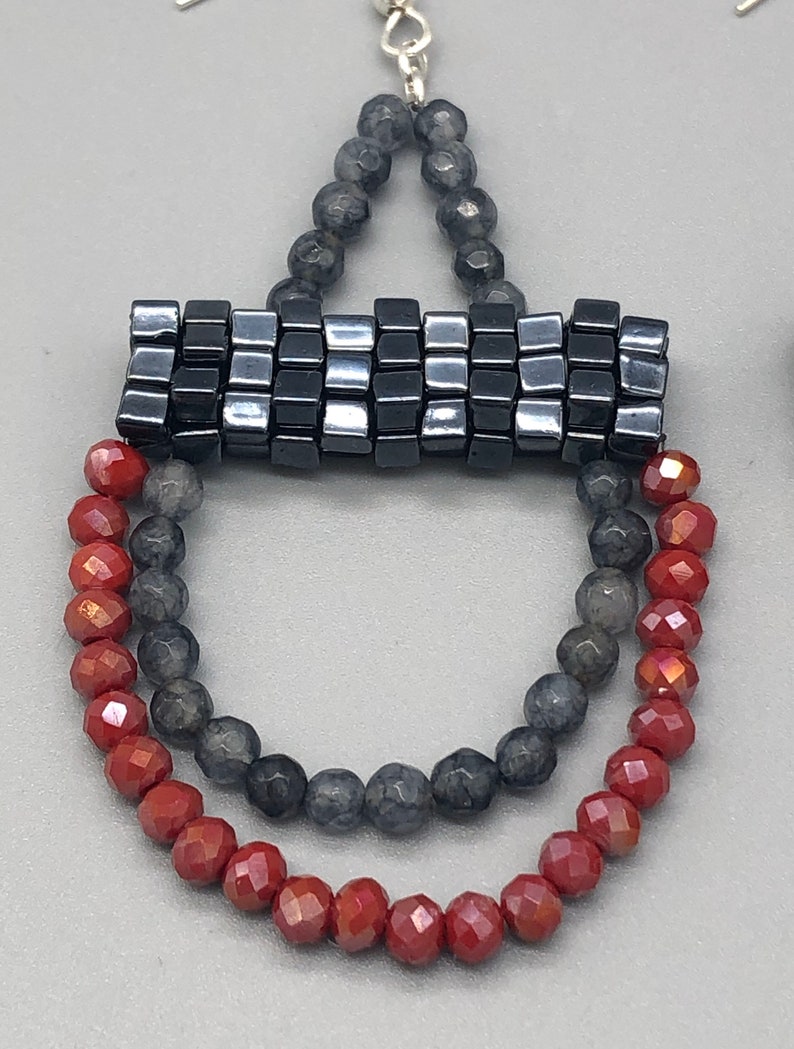 Chandelier Earrings Handmade Beaded Gray Lolite and Red Drop Earrings Gunmetal earrings.