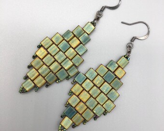 Handmade Green Tila Beaded Tapestry Earrings