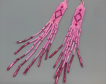 Drop Dangling Tassle Earrings, Pink, Apache Peyote Beaded Earrings