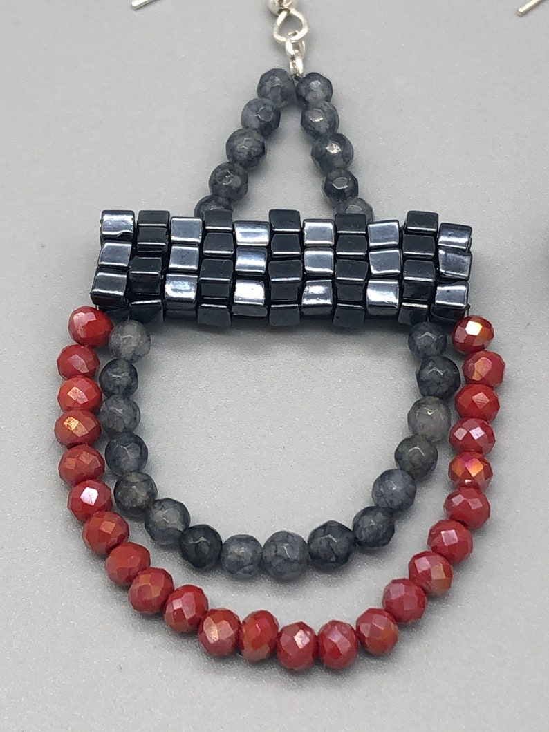 Chandelier Earrings Handmade Beaded Gray Lolite and Red Drop Earrings Gunmetal earrings.