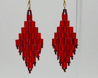 Red Tila Beaded Earrings: Handmade Tapestry Drop Earrings