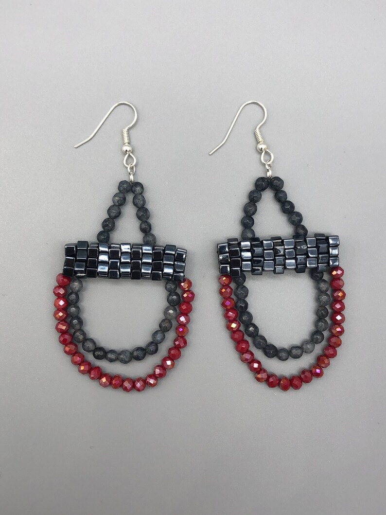 Chandelier Earrings Handmade Beaded Gray Lolite and Red Drop Earrings Gunmetal earrings.