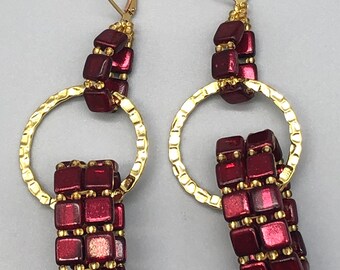 Handmade Dark Red Beaded Hoop Earrings: Gold Accent Jewelry