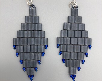Chandelier beaded earrings: diamond shape drop earrings, gunmetal blue