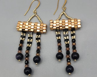 Handmade Gold & Black Beaded Drop Earrings: Geometric Fringe