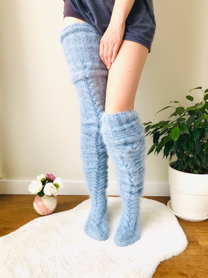 Blue thigh high socks Socks plus size Fuzzy socks Leggings for Etsy