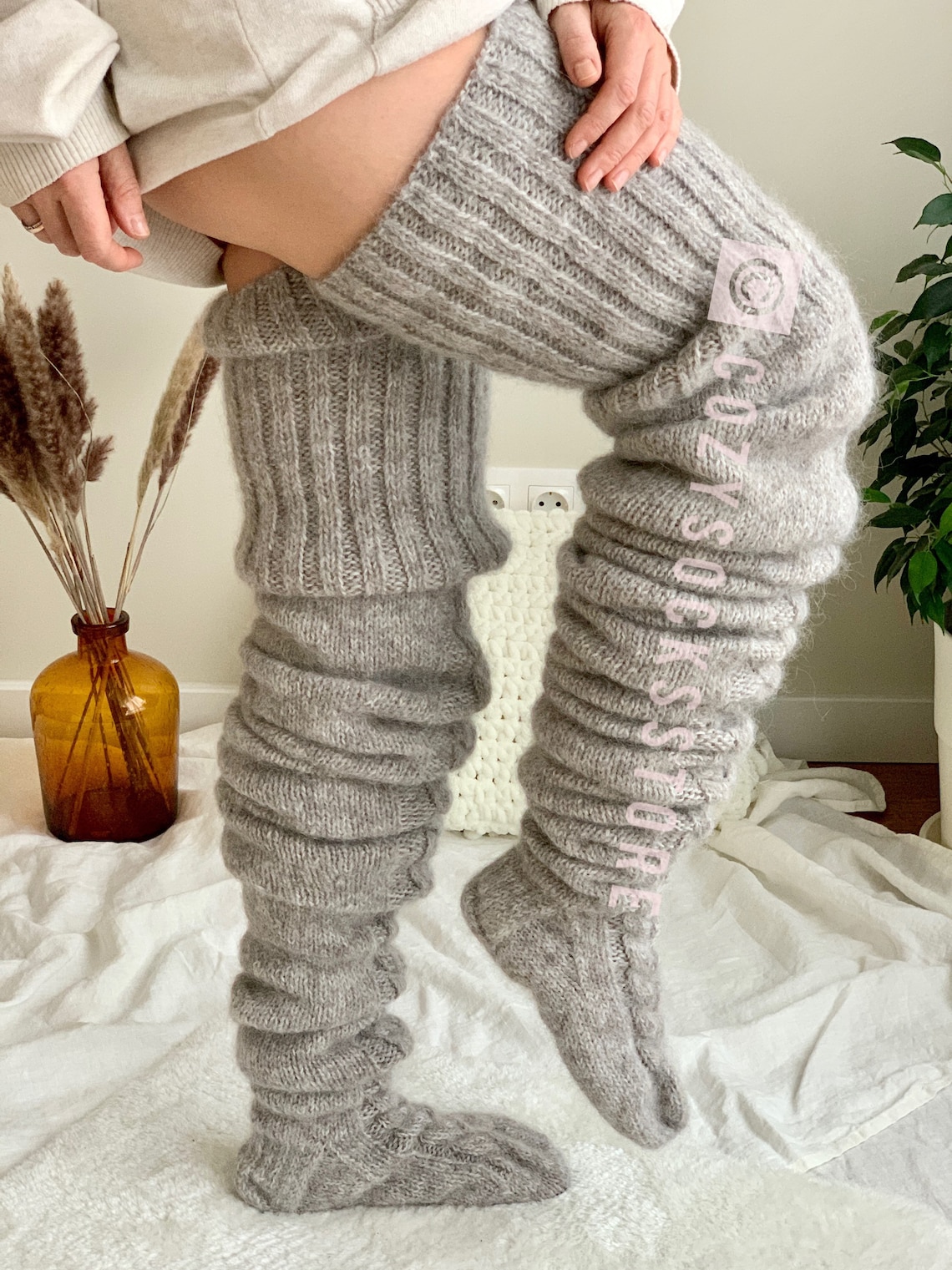Fuzzy Thigh High Socks Knitted Stockings Plus Size Wool Knee Etsy