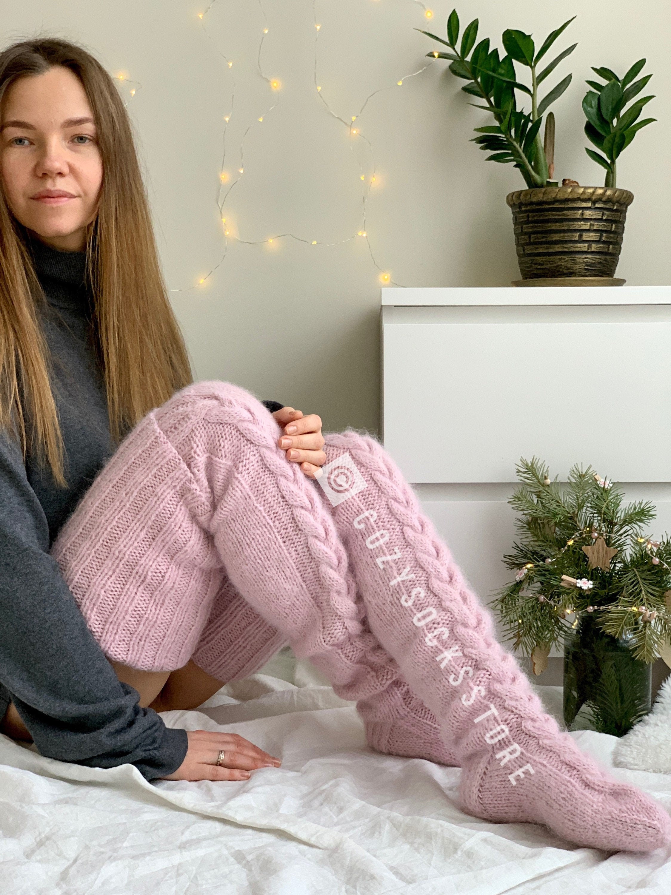 Plus size fuzzy thigh high socks Cable knit stockings Women Etsy