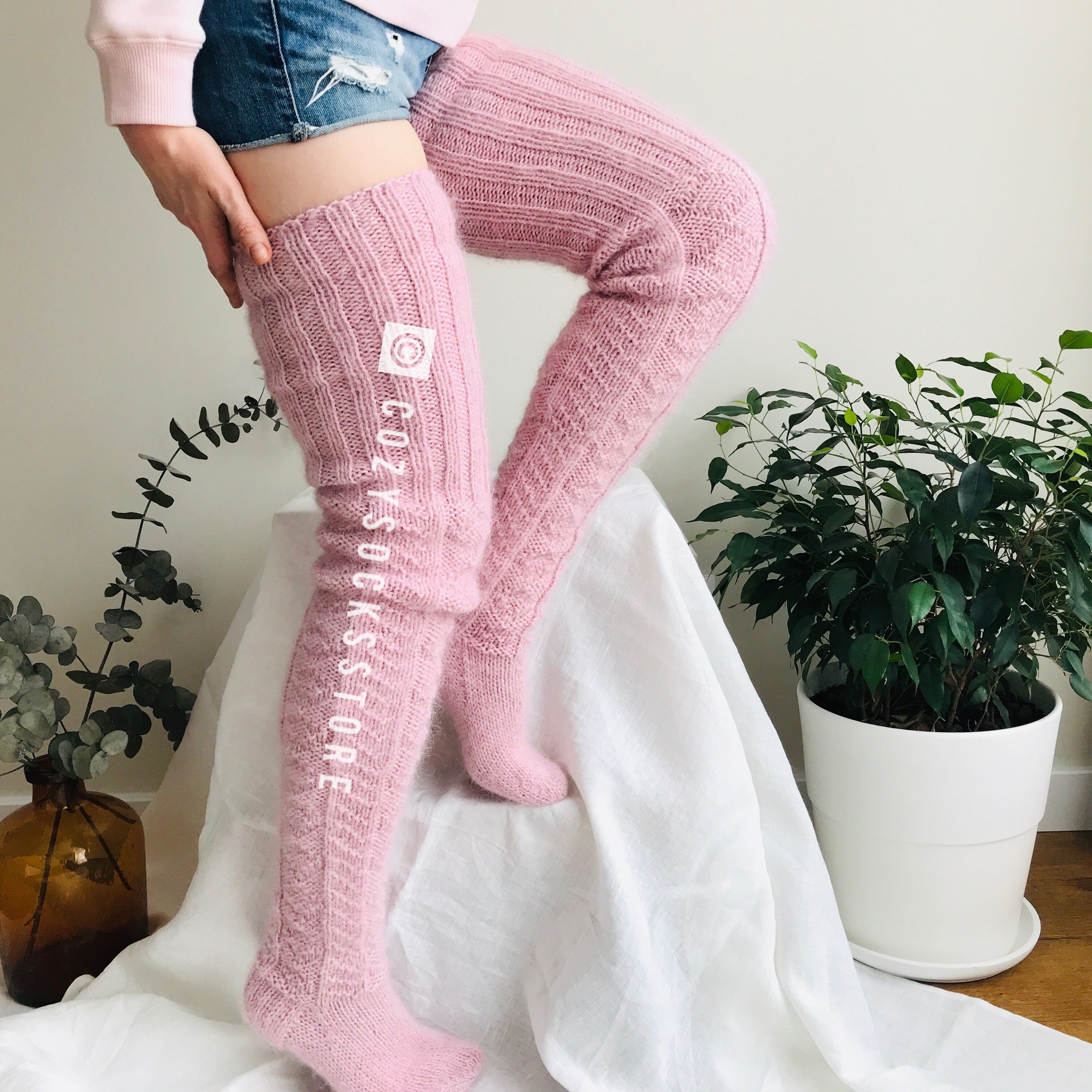 Plus size thigh high socks Knitted socks Pink women socks | Etsy