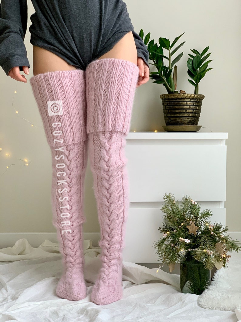 Plus size fuzzy thigh high socks Cable knit stockings Women Etsy