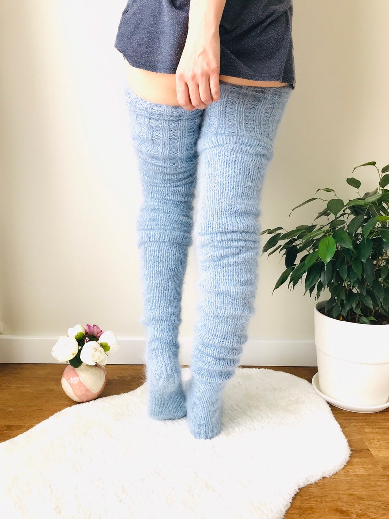 Blue thigh high socks Socks plus size Fuzzy socks Leggings for Etsy