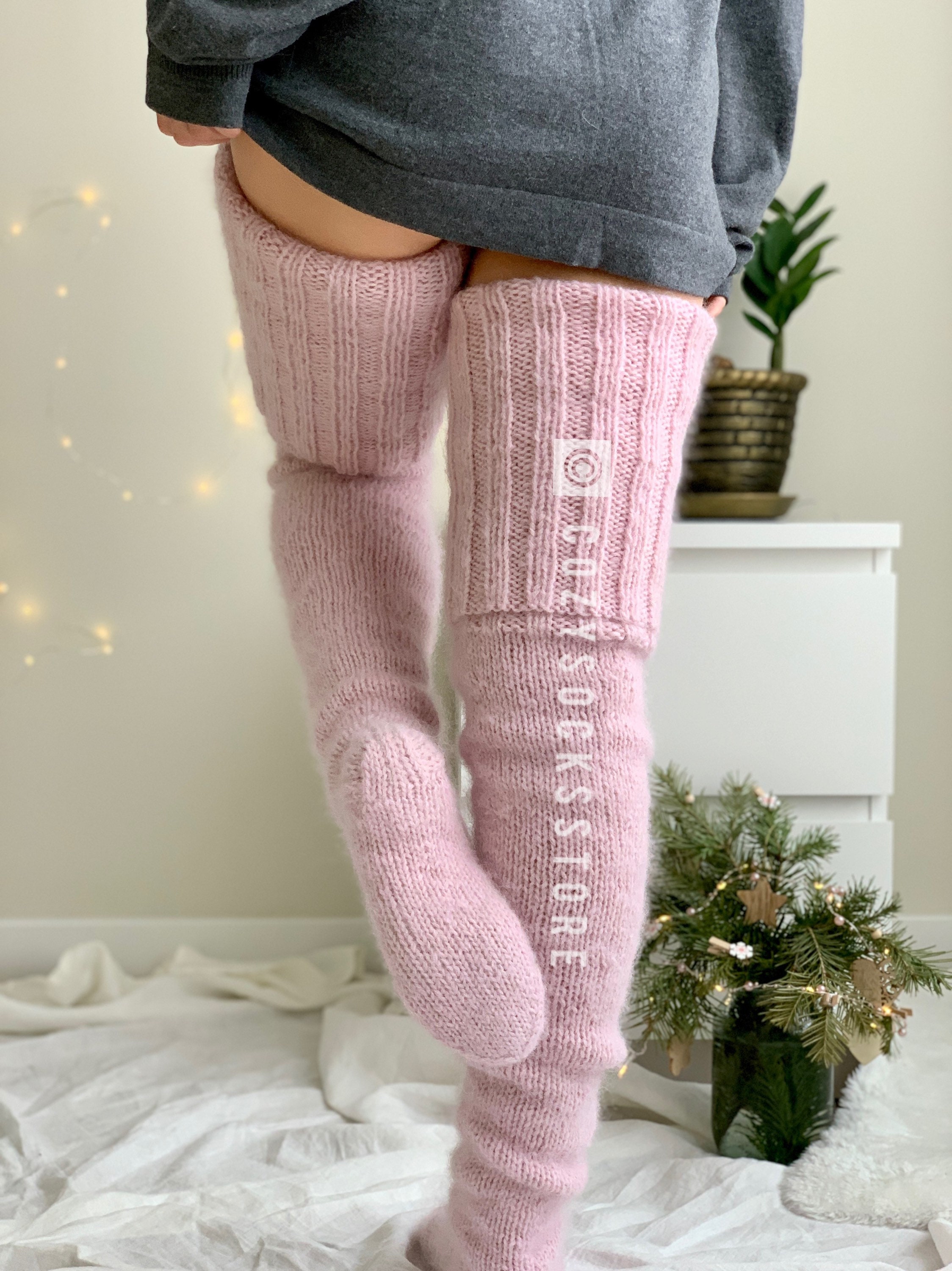 Plus size fuzzy thigh high socks Cable knit stockings Women Etsy
