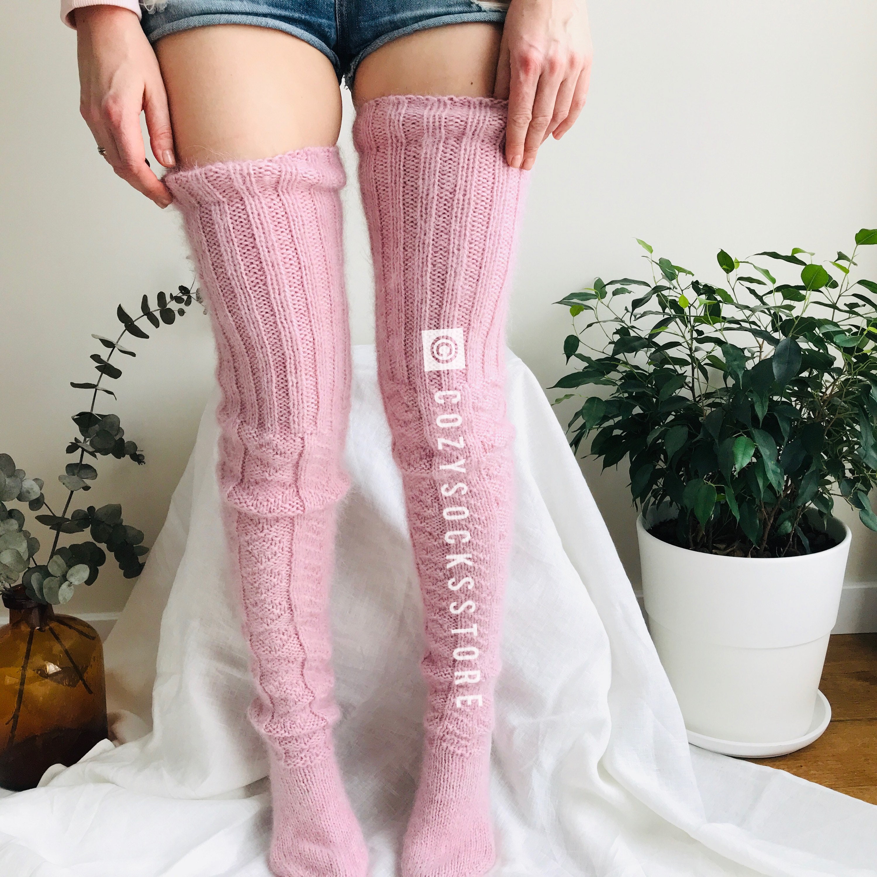 Plus size thigh high socks Knitted socks Pink women socks Etsy