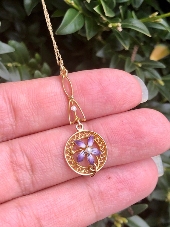 Antique Enamel Flower Pearl Drop Necklace | 10k - image 5