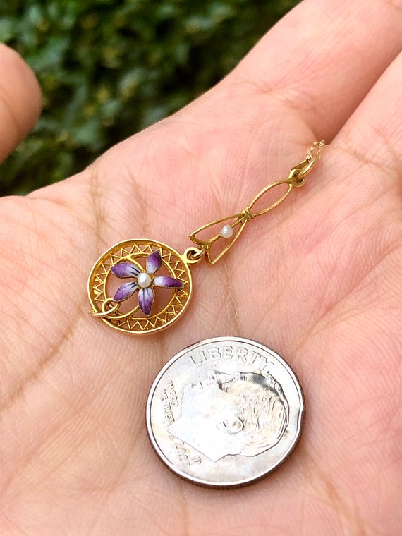Antique Enamel Flower Pearl Drop Necklace | 10k - image 4