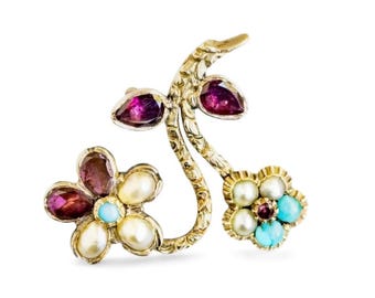 Georgian Flower Pendant with Garnets, Pearls and Turquoise | 9k