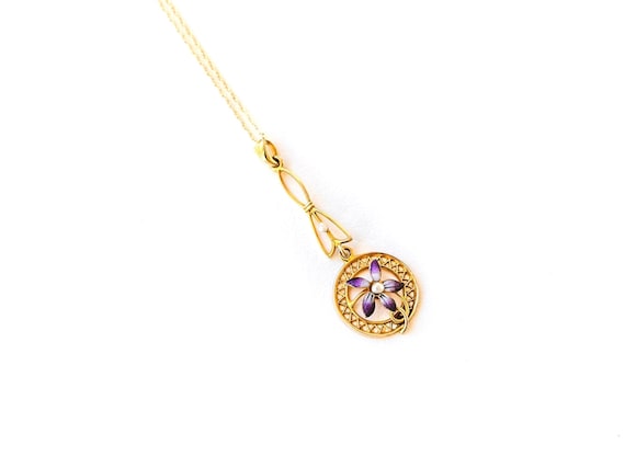Antique Enamel Flower Pearl Drop Necklace | 10k - image 1