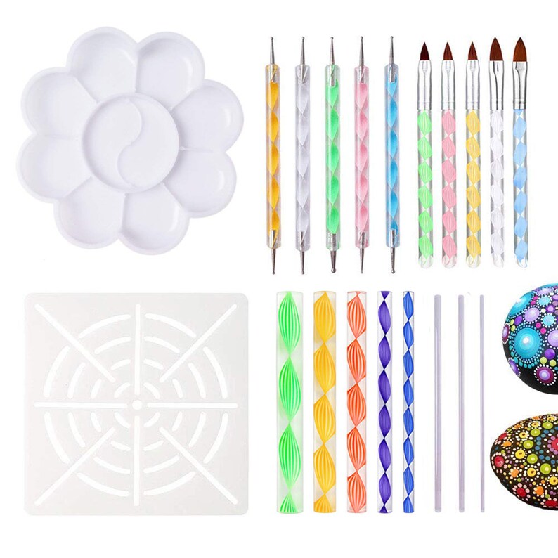 20 Pieces Mandala Dotting Tools for Rocks Different Size Painting Tools with Mandala Stencils and Paint Pallet Mandala Art 