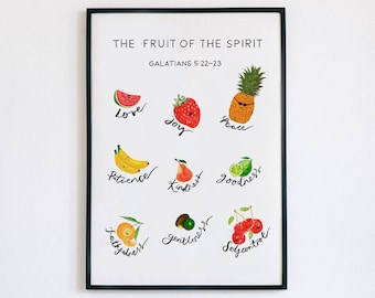 Arte de la pared del fruto del espíritu, arte de la pared del versículo bíblico para niños, impresiones bíblicas divertidas, impresiones de la habitación de los niños, obras de arte cristianas para niños, arte de la pared cristiana