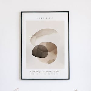 Arte minimale, Stampato e spedito, Arredamento moderno delle Scritture, Stampe di versetti della Bibbia, Stampa di decorazioni per la casa cristiana, Cast your cares, 1 Pietro 5 7