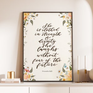 Proverbs 31 Print She is clothed in strength and dignity Bible Verse Wall Art Christian Gift for women Modern Christian Wall Art