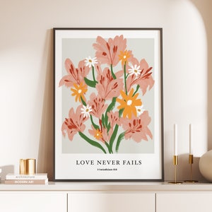 Stampa cristiana moderna, stampa tipografica cristiana, arte murale floreale, regali cristiani, l&#39;amore non fallisce mai 1 Corinzi 13, regalo di San Valentino