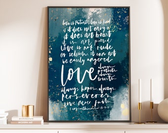 Love never fails, 1 Corinthians 13 Print, Love wall art, Christian Print, Bible Verse Print, Wedding Gift, Christian Wall Art, Blue Wave