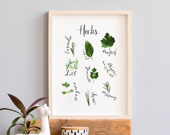Hierbas Imprimir arte de la pared para la cocina Cartel de hierbas Imprimir Cocina imprimir acuarela conjunto de hierbas arte de la pared signo Orégano Romero Salvia Perejil