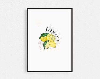 Impressão de arte de parede com ilustração de limão, arte de parede de frutas, impressão escandinava, decoração de casa e cozinha, impressão amarela e verde
