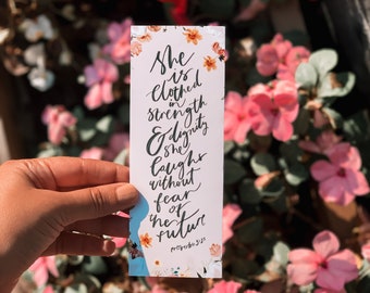 She is clothed in strength and dignity, Proverbs 31 Bookmark, Bible Verse Bookmarks for Encouragement, Valentines Day Christian Gifts