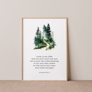 May include: A watercolour painting of a forest path with a quote from Proverbs 3:5-6: "Trust in the LORD with all your heart and lean not on your own understanding; in all your ways submit to him, and he will make your paths straight."