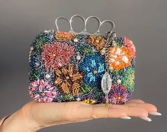 Handmade Embroidered Flower Beaded Clutch, Unique Evening Bag