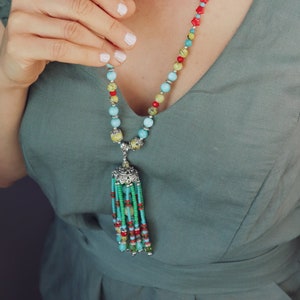 Long Beaded Tassel Necklace, Chunky Pendant Necklace, Dainty Necklace, Colorful Gemstone Necklace, Boho Statement Necklace, Gifts for her image 1