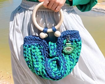 Handmade Knitted Bag, Hand Woven Bag, Boho Crochet Bag, Blue Green Color Bag, Crochet Yarn Purse Bag, Luxury Knitting Bag, Women Crochet Bag