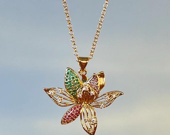 18K Gold Lotus Flower Necklace: Sterling Silver Chain, Cubic Zirconia