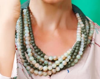 Big Bold Chunky Necklace, Green Beaded Statement Necklace, Bohemian Bib Necklace, Colorful Multi Strand Bead Necklace, Boho Necklace