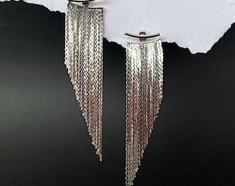 Silver Tassel Ear Jacket Earrings: Handmade Minimalist Statement Jewelry