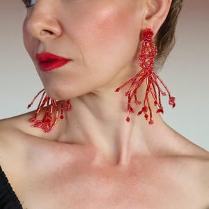 Red Beaded Flower Earrings: Hand-Embroidered Garnet Dangle Jewelry