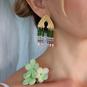 Elegant Blue Olive Green Crystal and Freshwater Pearl Chandelier Earrings  | Minimalistic Bridal Jewelry | 24k Gold-filled Chunky Earrings