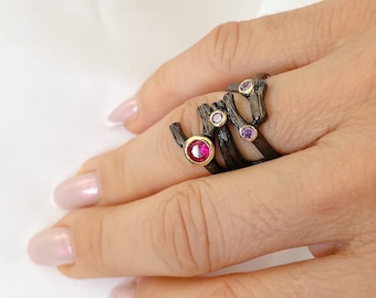 Black Gold Enamel Ring, Cubic Zirconia Copper Ring, CZ Dainty Ring, Gold Filled Ring, Multi-Stone Statement Ring, Unique Gemstone Ring