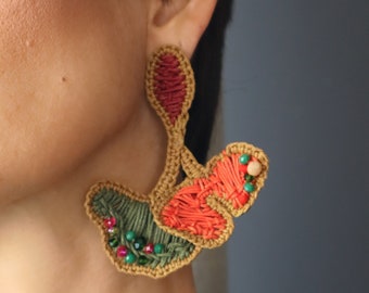 Ginkgo Biloba Leaf Macrame Earrings, Hand Embroidery Bohemian Floral Earrings, Big Boho Statement Earrings, Crystal Jewelry, Gifts for Her