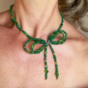 Coquette Bow Necklace: Green Crystal Beaded Ribbon Choker