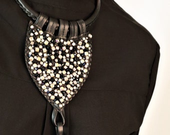 Black Leather Beaded Bib Necklace, Long Tassel Choker, Ethnic Crystal Statement Necklace