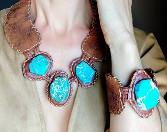 Blue Jasper Leather Necklace, Bohemian Turquoise Pendant, Handcrafted Imperial Jasper Jewelry, Gift for Her, Earthy Statement Piece