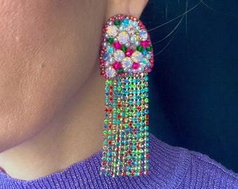 Crystal Tassel Earrings: Long Colorful Beaded Chandelier Clip Ons