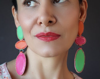 Big Boho Leather Earrings, Lightweight Statement Colorful Earrings, Oversized Geometric Pink Drop Dainty Chandelier Dangle Modern Chunky