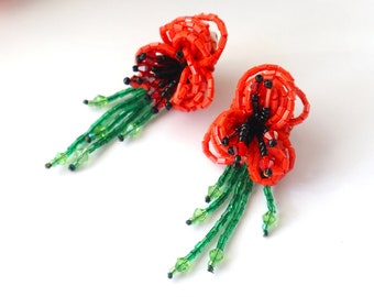 Long Red Flower Drop Earrings, Beaded Flower Statement Earrings, Unique Dainty Earrings, Oversized Earrings, Lightweight Dangle Earrings